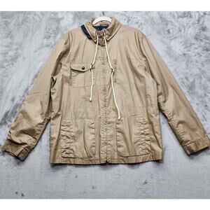 American Rag Jacket Mens L Tan Blue Full Zip Hooded Waterproof Rain Coat Utility
